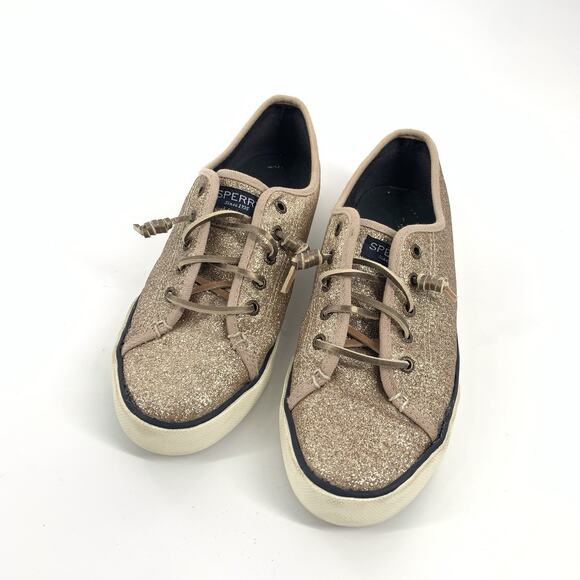 Sperry Top Sider Glitter Covered Sneakers Size 8 Womens Gold Slip On Canvas - Picture 2 of 8